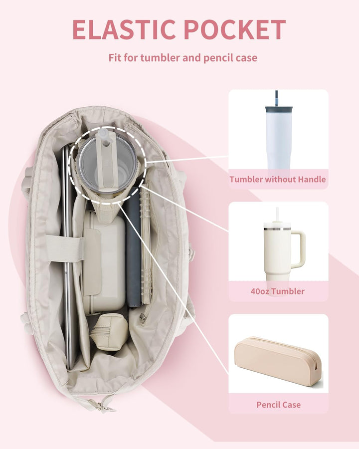 Puffer shoulder bag for women, featuring a dedicated laptop sleeve and cup holder