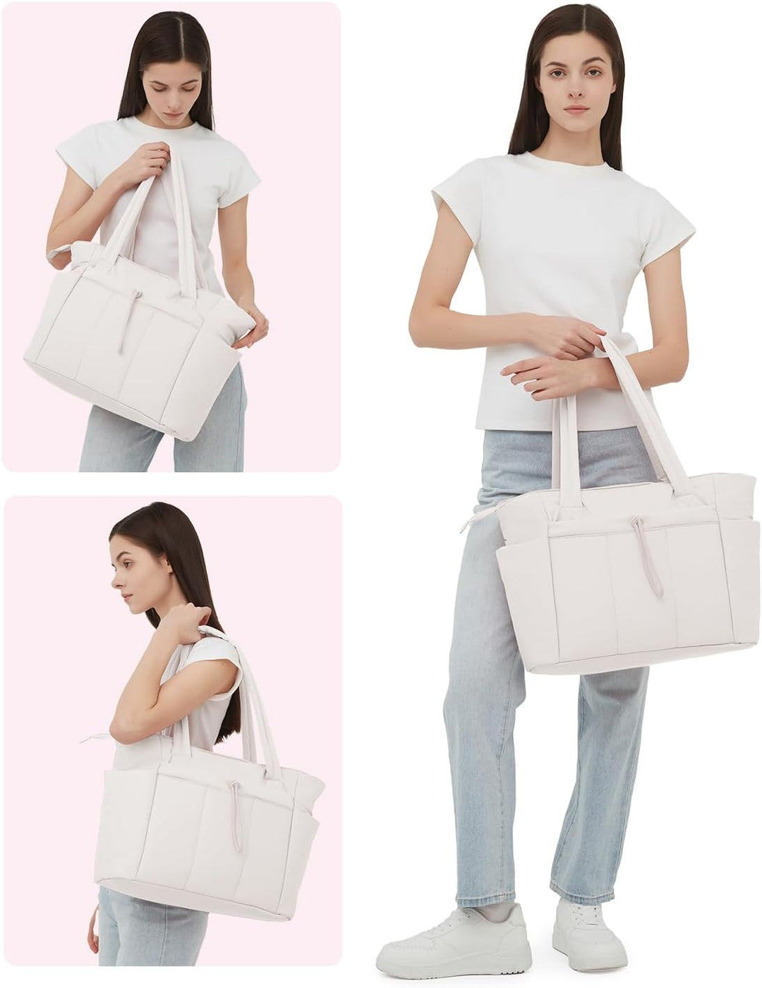 Quilted tote bag shown with a matching accessory, like a small pouch