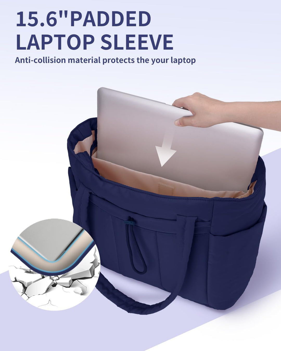 Women's organized quilted puffer shoulder bag, laptop sleeve, cup holder & smart interior.
