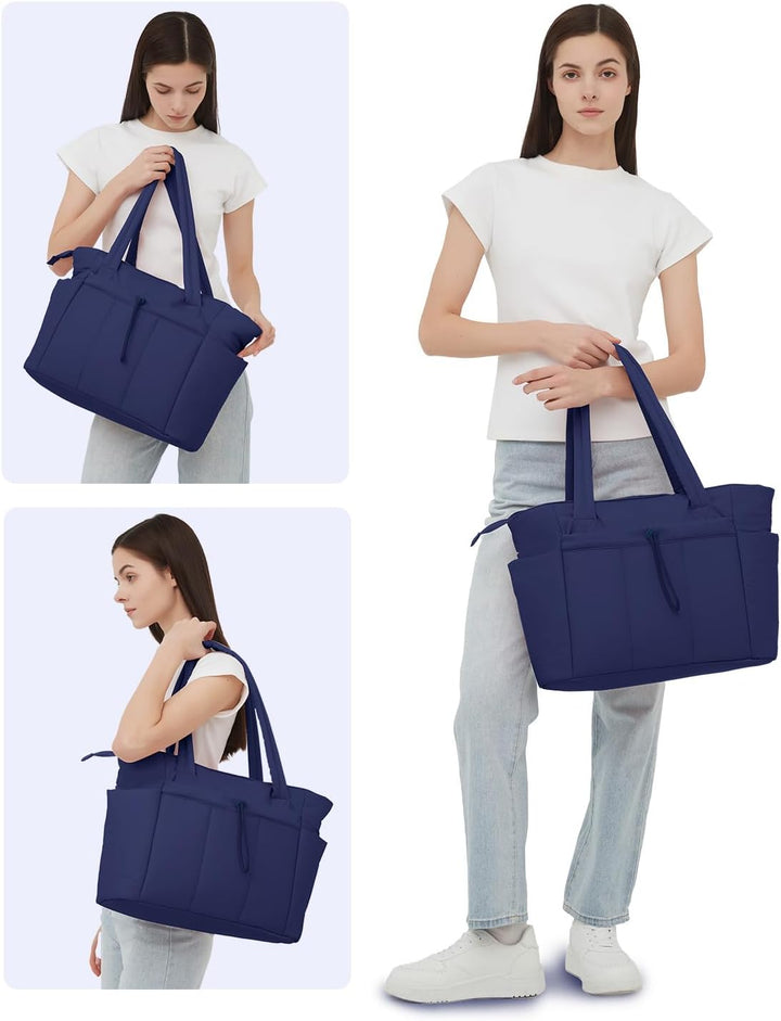 Women's stylish quilted puffer bag, large for travel, work, laptop sleeve & cup holder.