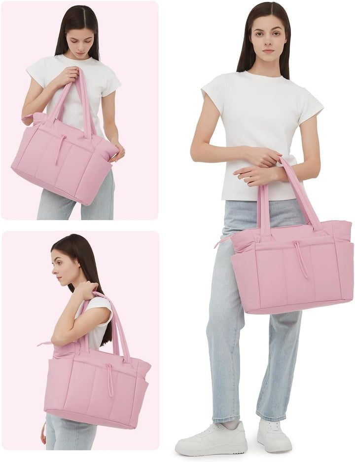 Women's durable quilted puffer tote, laptop sleeve, cup holder & weather-resistant material.