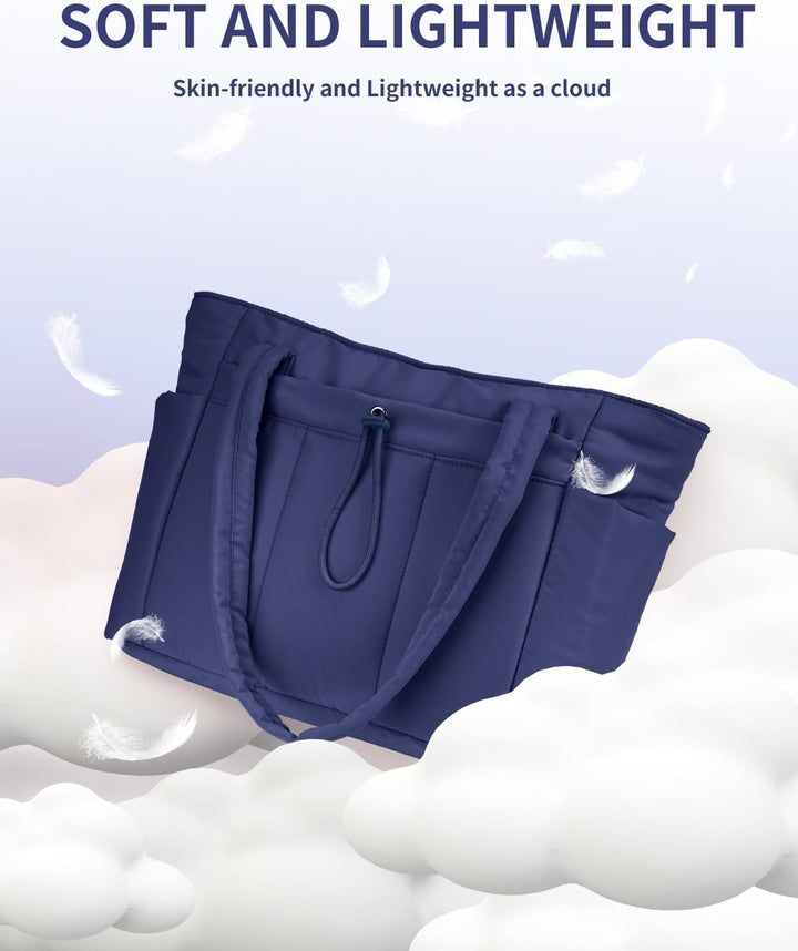 Laptop sleeve fully enclosing a laptop inside the women's quilted tote bag