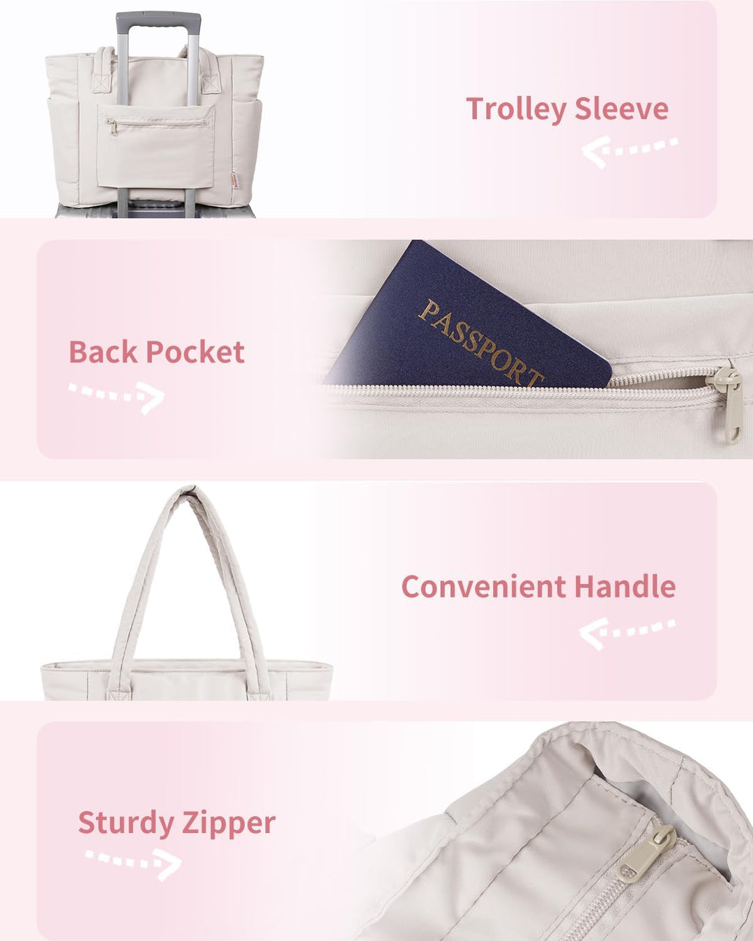 Quilted tote bag with an internal key clip for easy access to keys