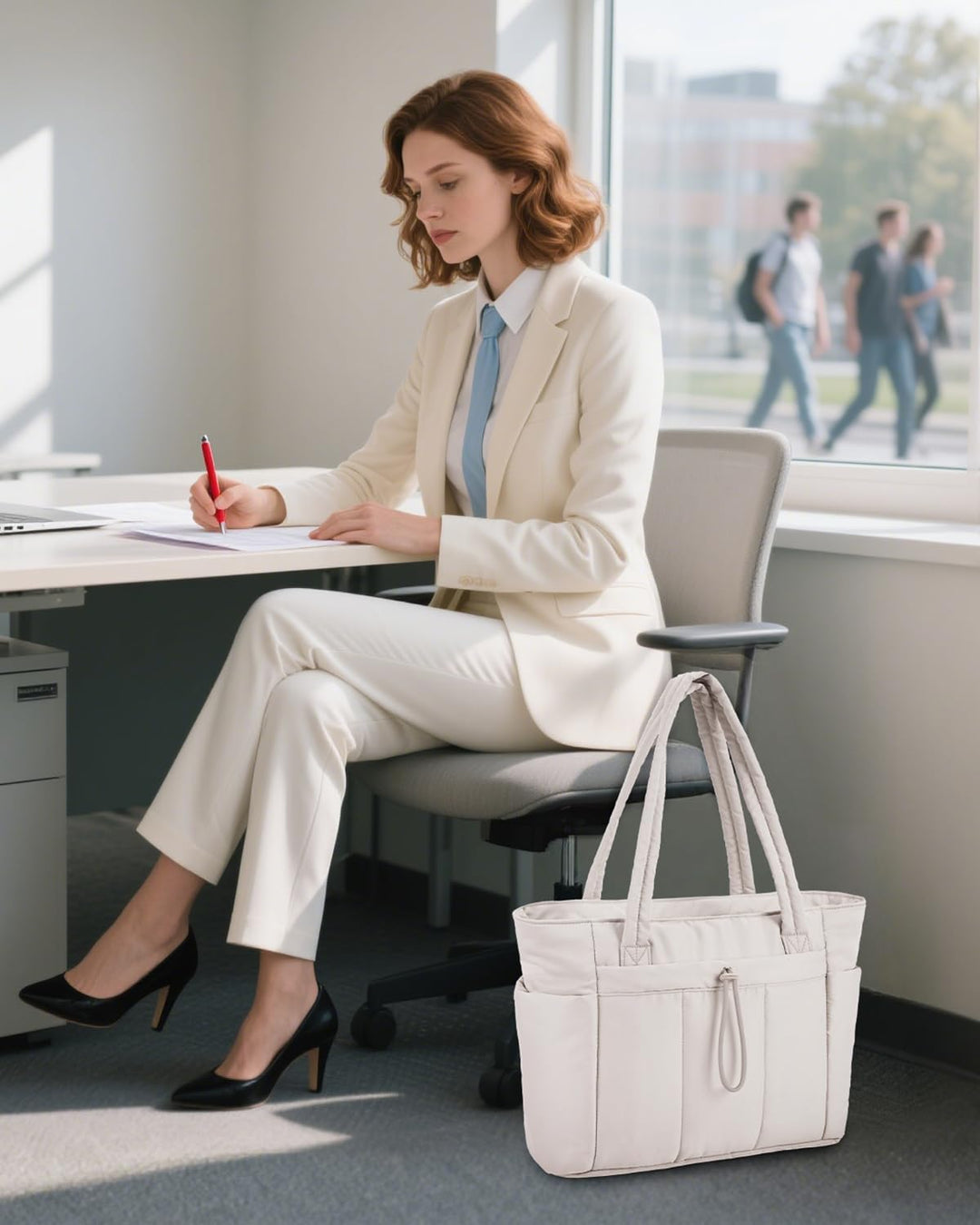 Women's upscale quilted puffer tote, laptop sleeve, cup holder & premium look.