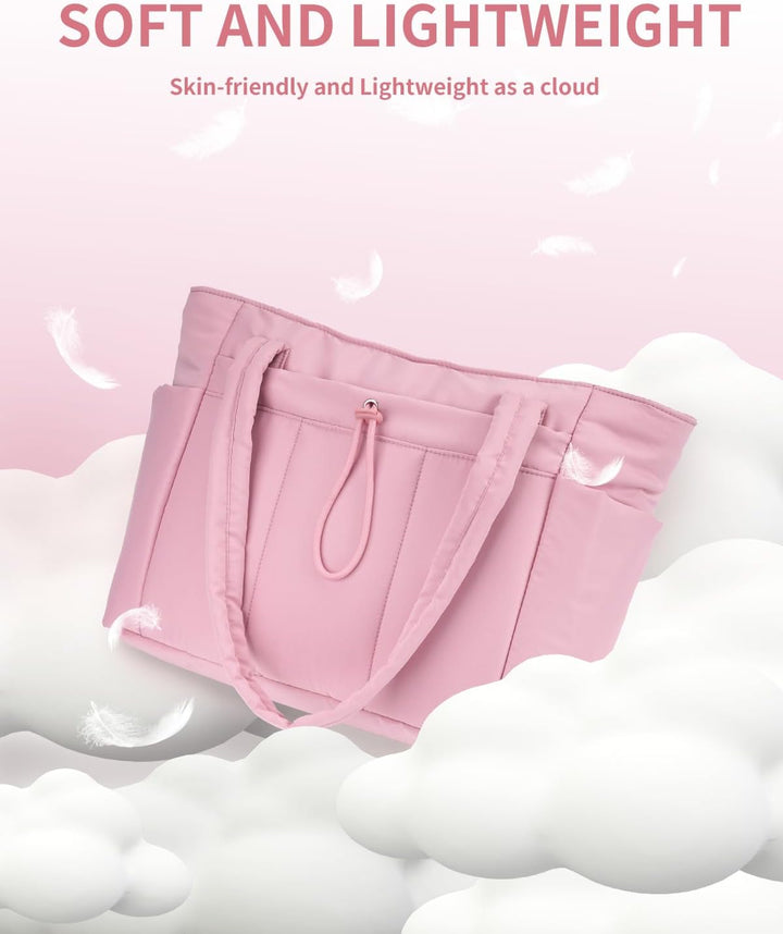 Quilted puffer tote bag's distinct texture against a plain background