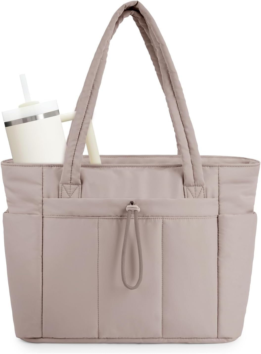 Women's everyday chic quilted puffer tote, laptop sleeve, cup holder & functional style.