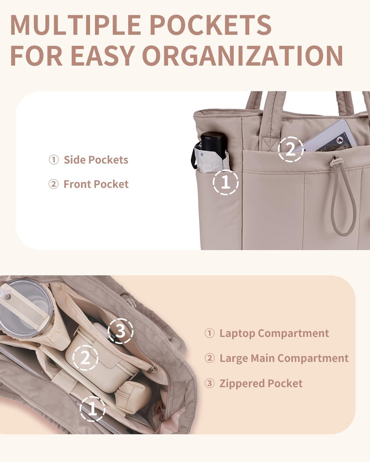 Large quilted puffer tote bag for women, ideal for travel with laptop & integrated cup holder.