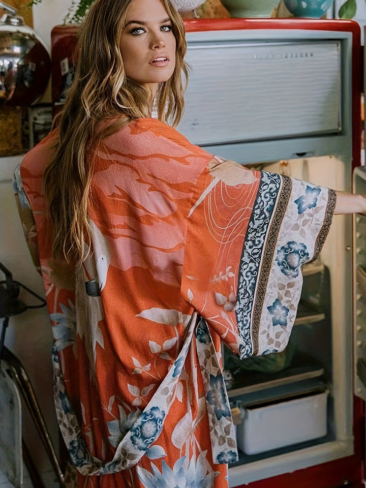 Elegant red floral kimono for women, perfect for beach vacations and bohemian summer style.