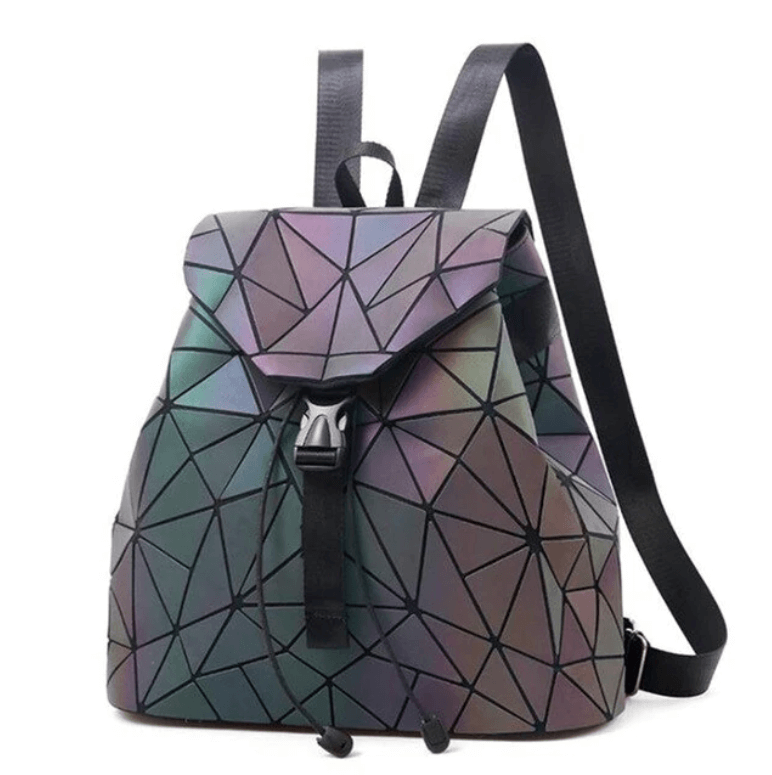 Versatile women's reflective geometric backpack. A color-changing luminous daily bag, perfect for travel & fashion.