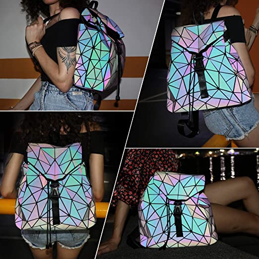 Angled shot of the unique women's reflective geometric backpack, a stylish color-changing and luminous fashion bag.