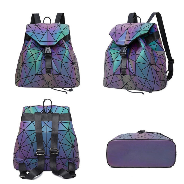 Luminous women's reflective geometric backpack. A color-changing stylish bag with a unique design for daily fashion.
