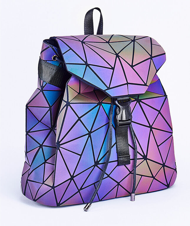 Unique women's reflective geometric backpack. This fashion-forward, color-changing bag offers a luminous, stylish look.