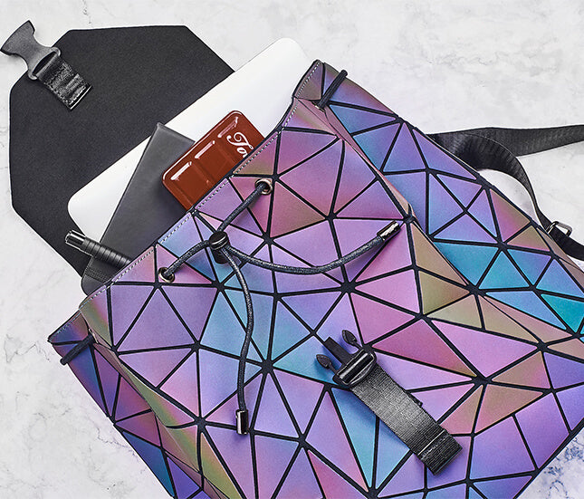 Daily women's backpack: a reflective geometric, color-changing luminous bag. Fashionable and stylish for everyday carry.