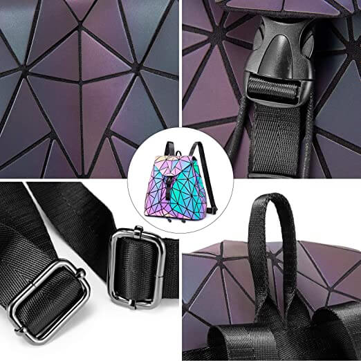 Side view of a women's reflective geometric backpack, showcasing its stylish color-changing and luminous unique design.