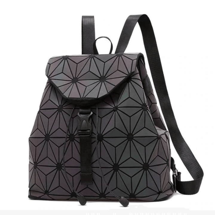 Close-up of the reflective geometric pattern on a women's color-changing luminous backpack, a unique stylish bag.