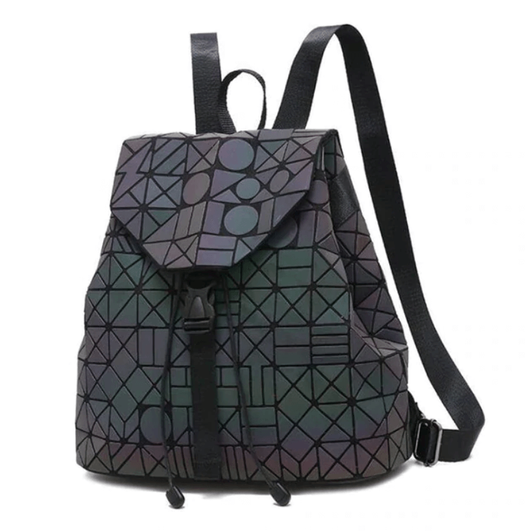 Luminous women's travel backpack, featuring reflective geometric design and ample storage