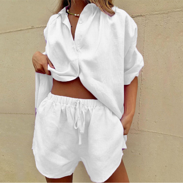 Stylish women's matching linen set, a two-piece summer outfit with a relaxed fit for resort or casual wear.