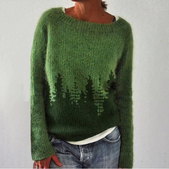 Women's retro Celeste blue knit sweater. Cozy long-sleeve knitwear for autumn & winter comfort.