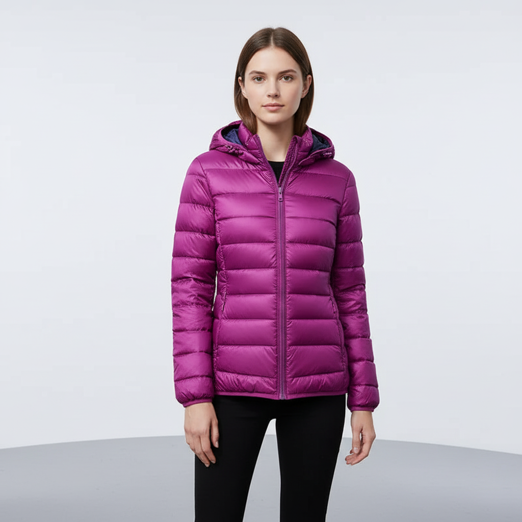 Detail of the zipper and collar on the women's reversible down jacket, Nina, highlighting craftsmanship.