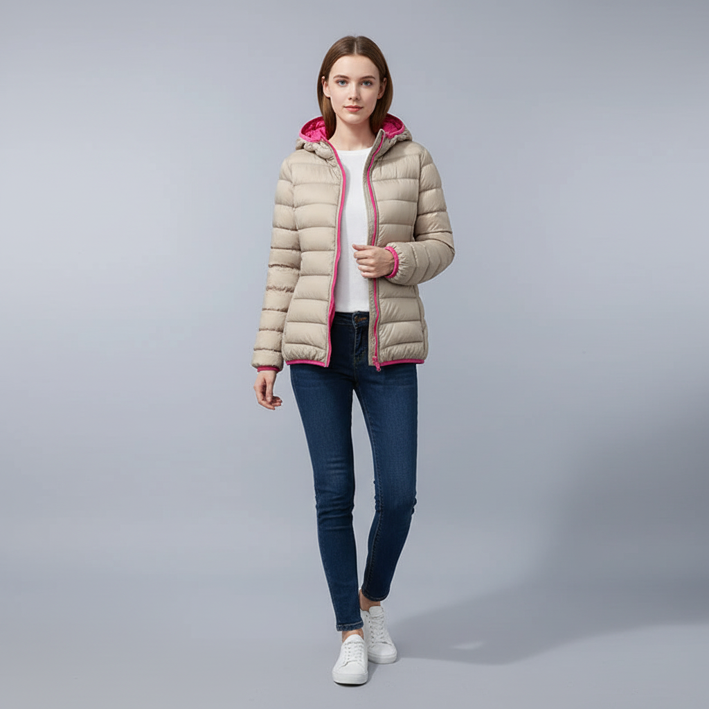 Reversed side of the Nina women's down jacket, showcasing a contrasting color and smooth fabric.