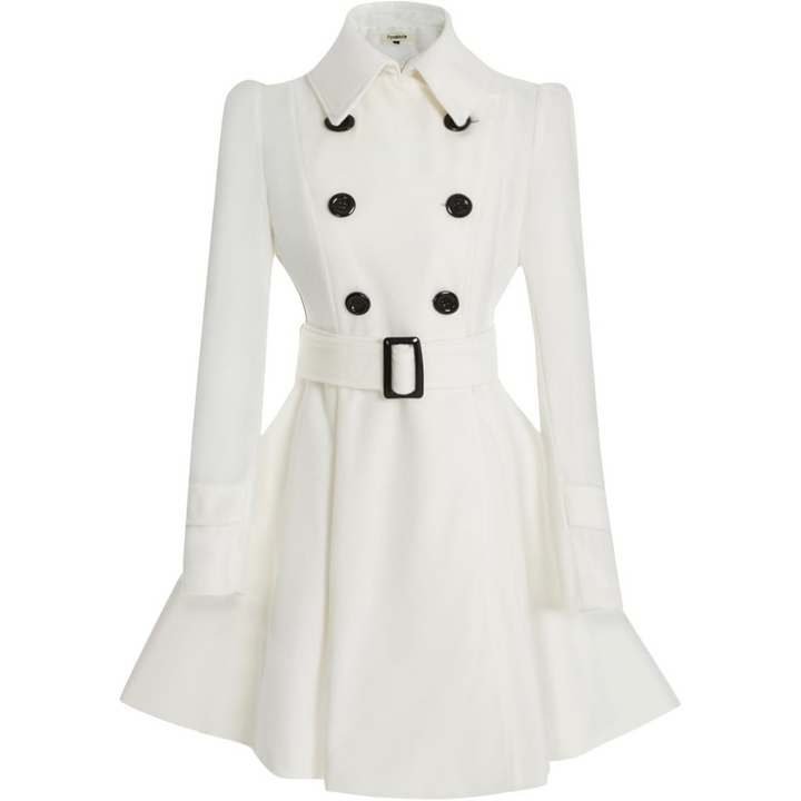Stylish women's mid-length reversible peacoat, wool blend, with adjustable belted waist