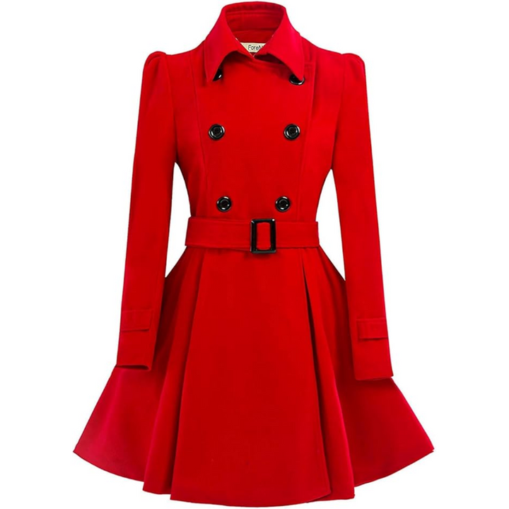 Close-up of the textured wool blend fabric on a women's reversible peacoat adds warmth