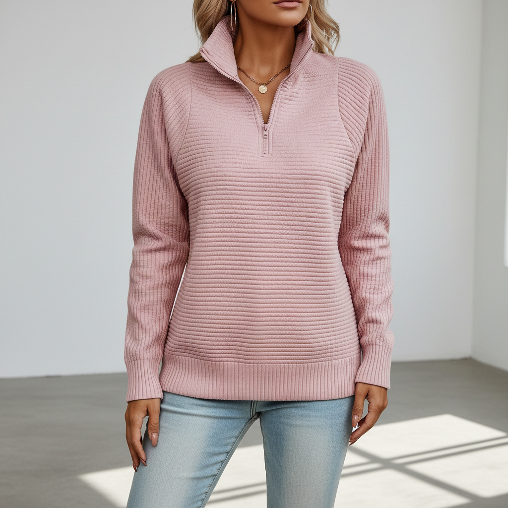 Close-up of ribbed texture on a women's knit pullover sweater, chic and warm