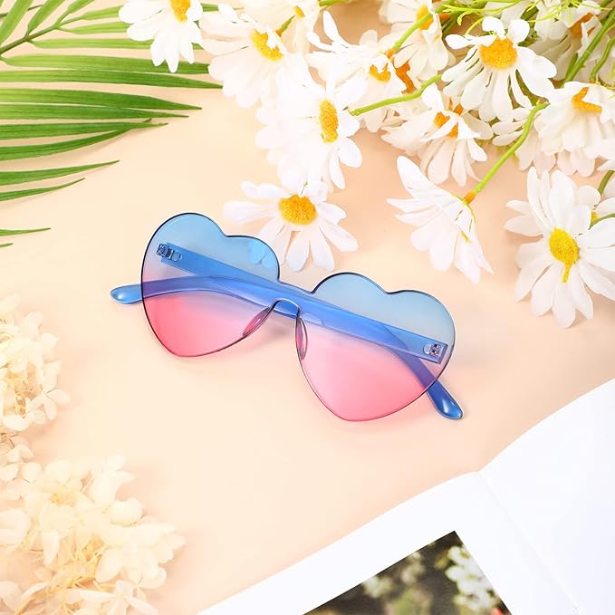 Women's rimless heart-shaped transparent sunglasses with purple gradient lenses, perfect for festivals and summer fashion.