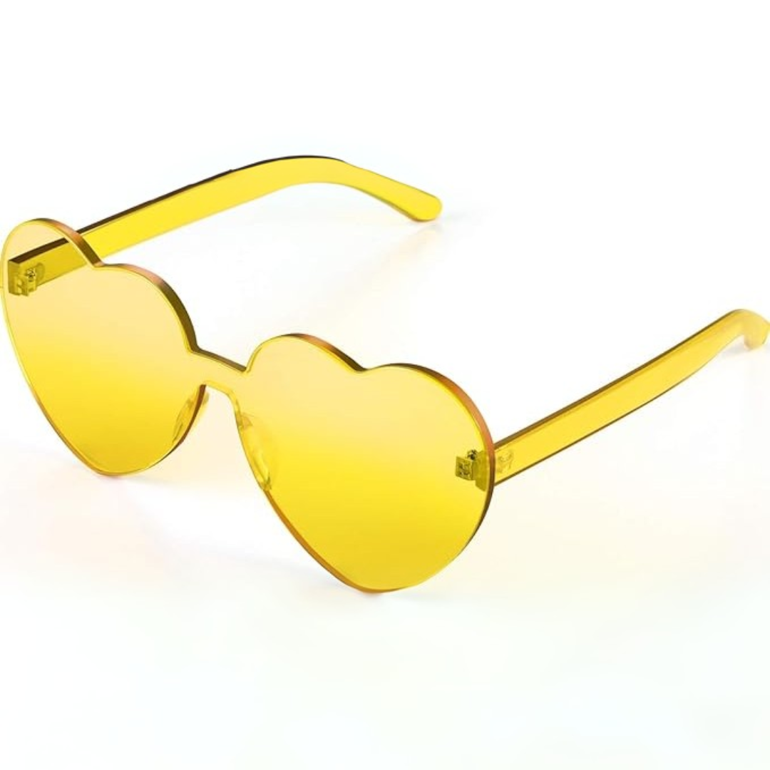 Trendy heart sunglasses for women, clear rimless design with a subtle orange hue, essential for fashion accessories.