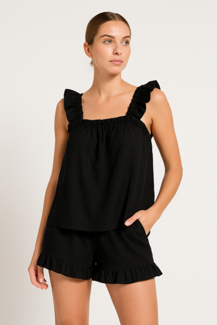 Soft women's ruffle pajama set with short sleeves, ideal for loungewear
