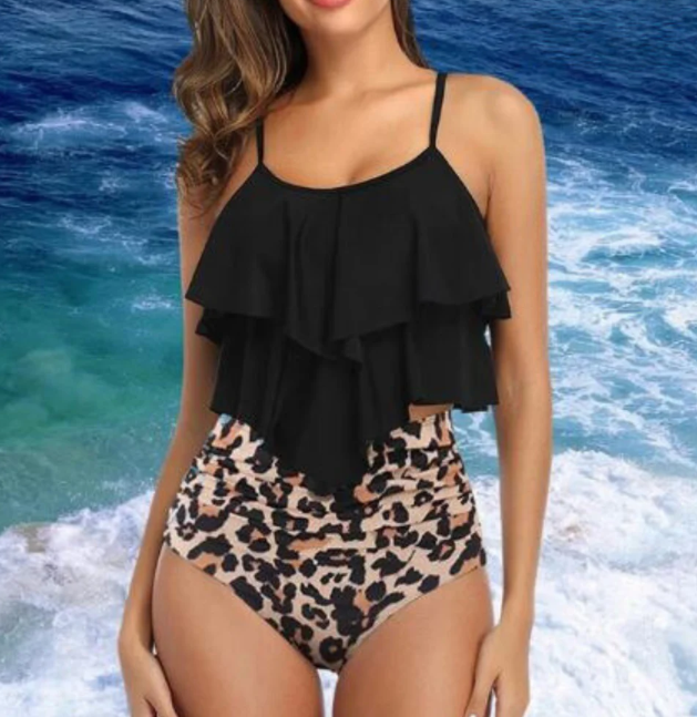 Stylish two-piece tankini set featuring ruffles and a high-waisted design