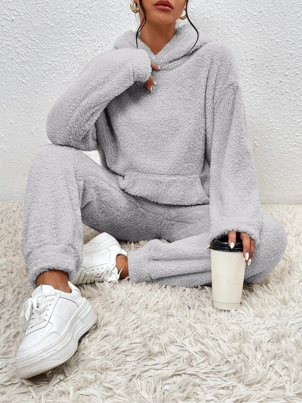 Effortlessly chic women's long hoodie and trouser loungewear set, crafted from premium soft teddy fabric