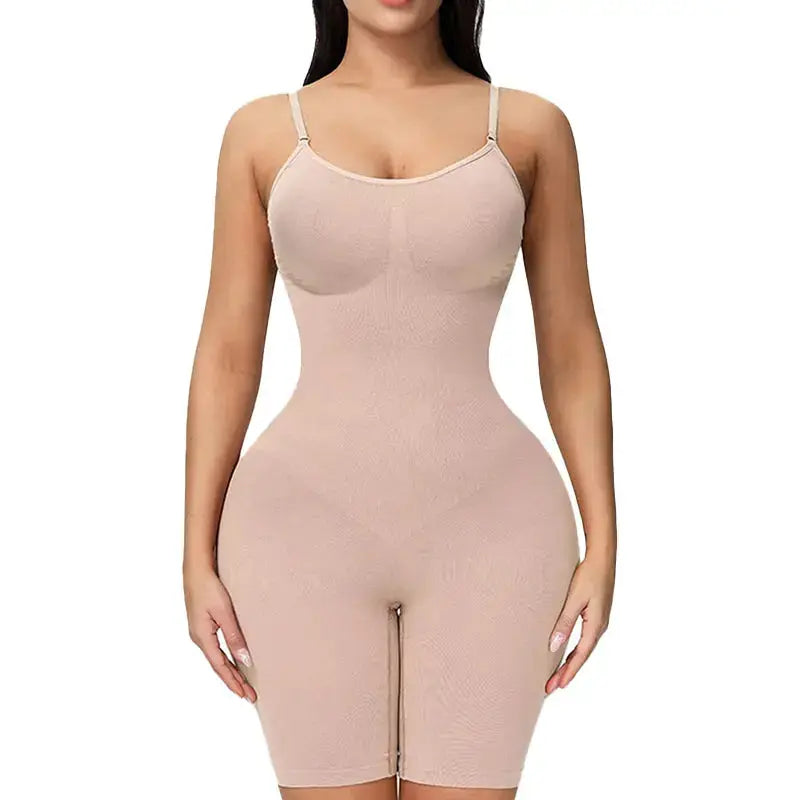 Women's seamless shapewear body in beige for an hourglass silhouette, tummy control, and butt lift.