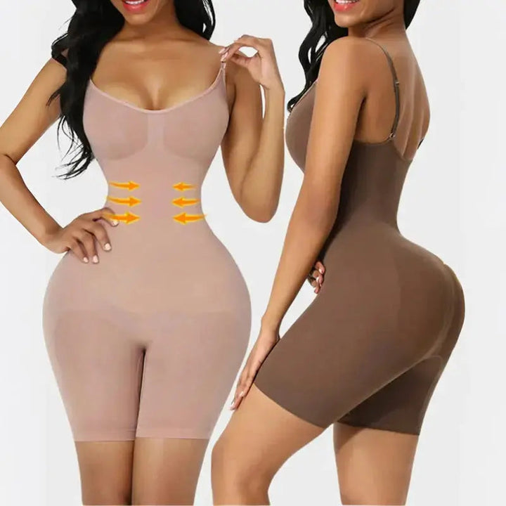 Beige, black, or brown shapewear body offering tummy control, butt lift & posture support for an hourglass figure.