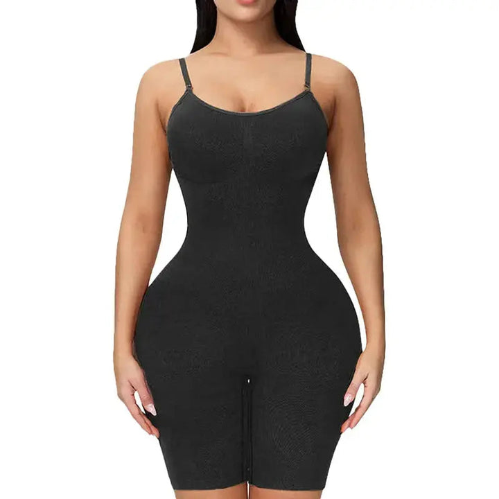 Women's shapewear body with mid-thigh coverage, providing tummy control and butt lifting for a seamless look.