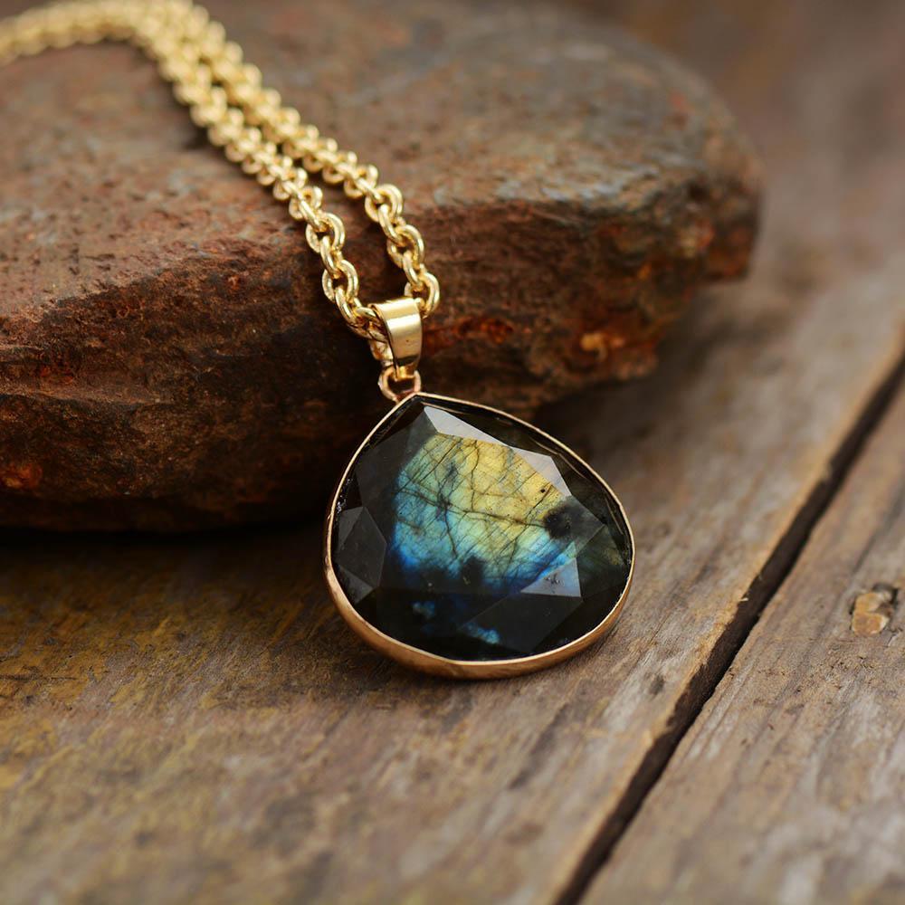 Women's Selene Labradorite Aura Necklace, a mystical gemstone for spiritual protection and intuition.