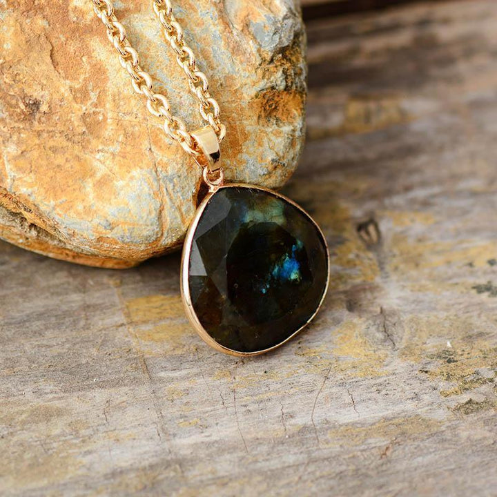 Elegant Selene Labradorite Aura necklace, a protective spiritual gemstone and unique women's jewelry.