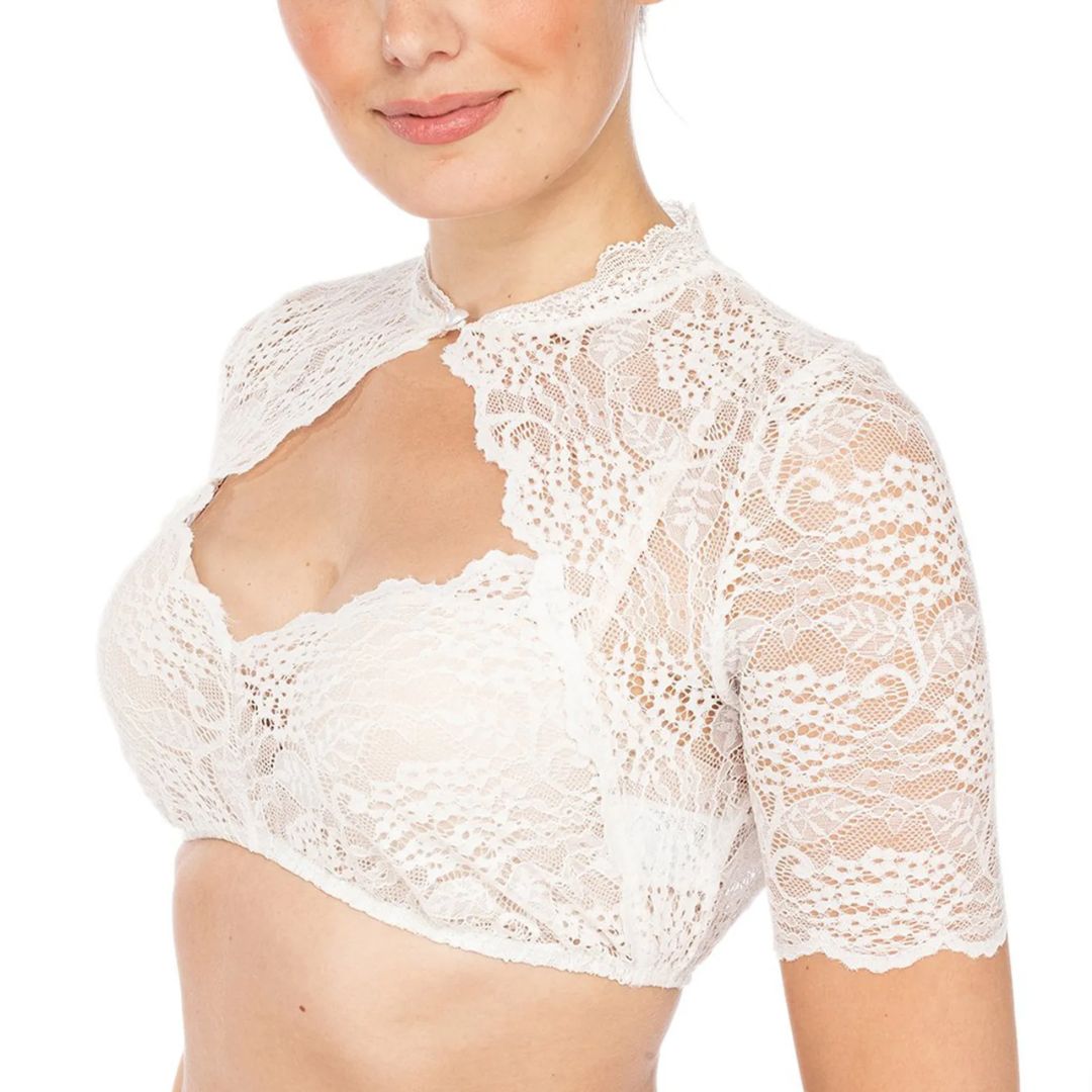 Women's sexy Dirndl blouse with a flattering heart neckline and delicate lace trim for Oktoberfest fashion.