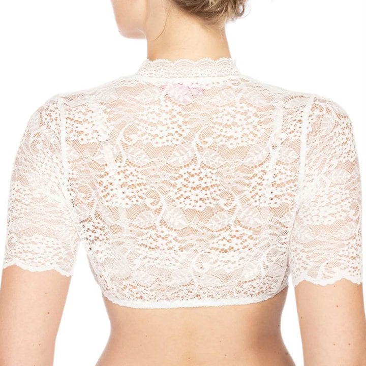 Trendy women's Dirndlbluse, cropped, with elegant lace and a sexy heart neckline, perfect for festive parties.