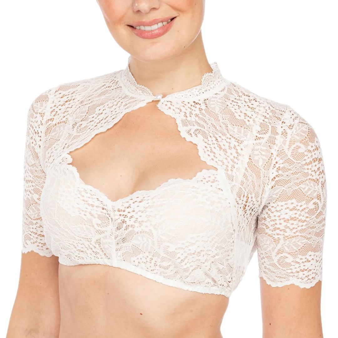 Elegant women's Dirndl blouse, white, with a unique heart neckline and beautiful lace, a festive traditional top.