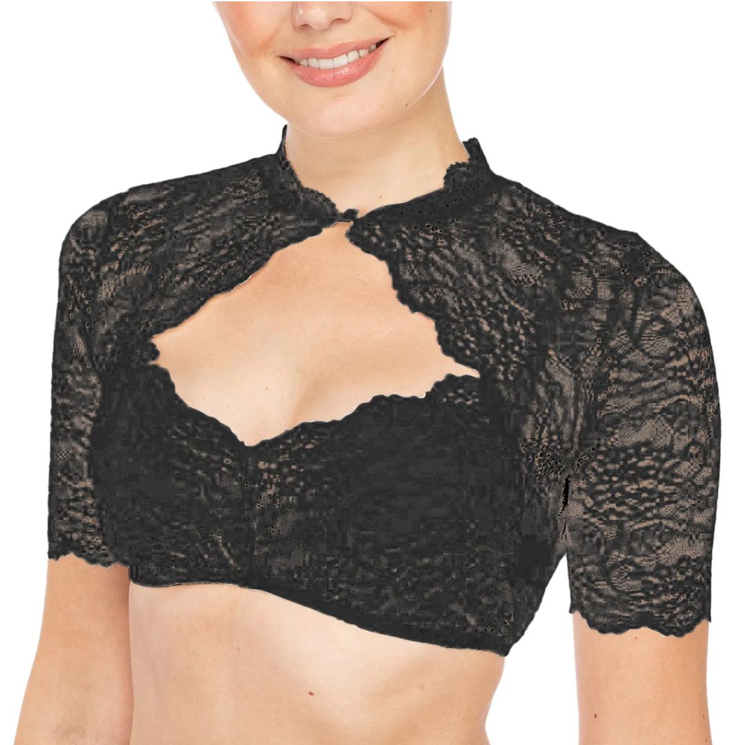 Women's modern Dirndl blouse with a charming heart neckline, delicate lace details, and a cropped fit.