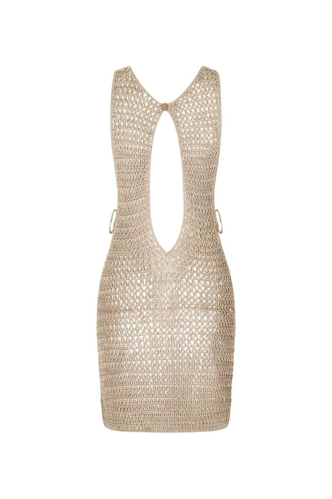 Beige knitted sheer beach dress for women. Airy fabric, perfect mini cover-up for summer holidays.