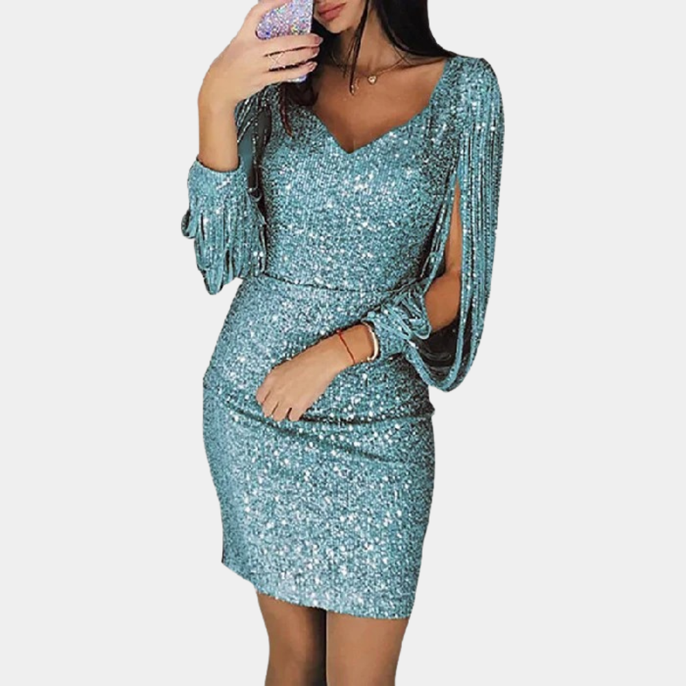 Elegant women's long sleeve sequin party dress with a stylish V-neck and shimmering design.