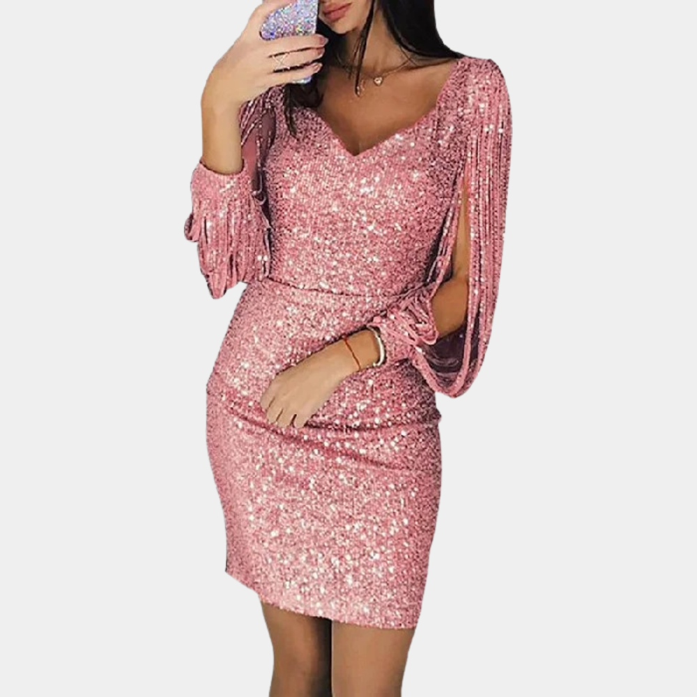 Formal women's V-neck sequin dress with elegant long sleeves, ideal for special occasions.