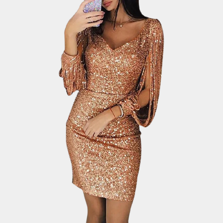 Shimmering women's sequin V-neck dress, an elegant long sleeve party or cocktail choice.