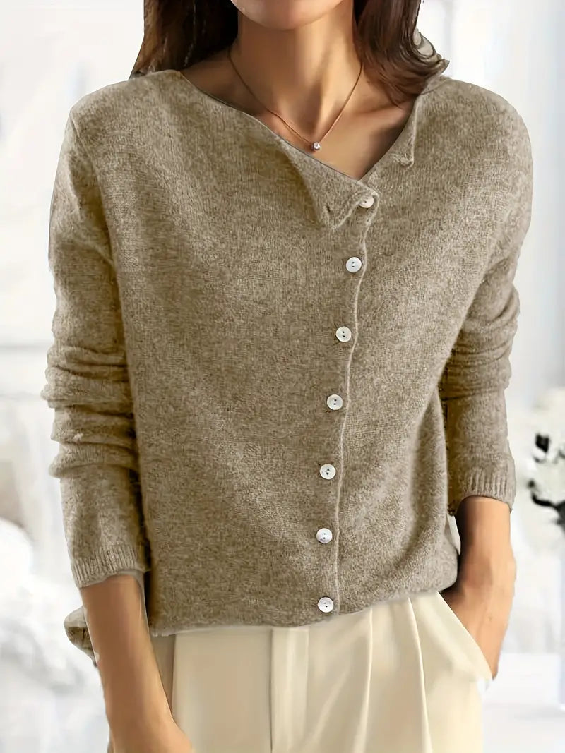 Chic women's asymmetrical Sienna polyester cardigan. Stylish button-front sweater, perfect for layering.