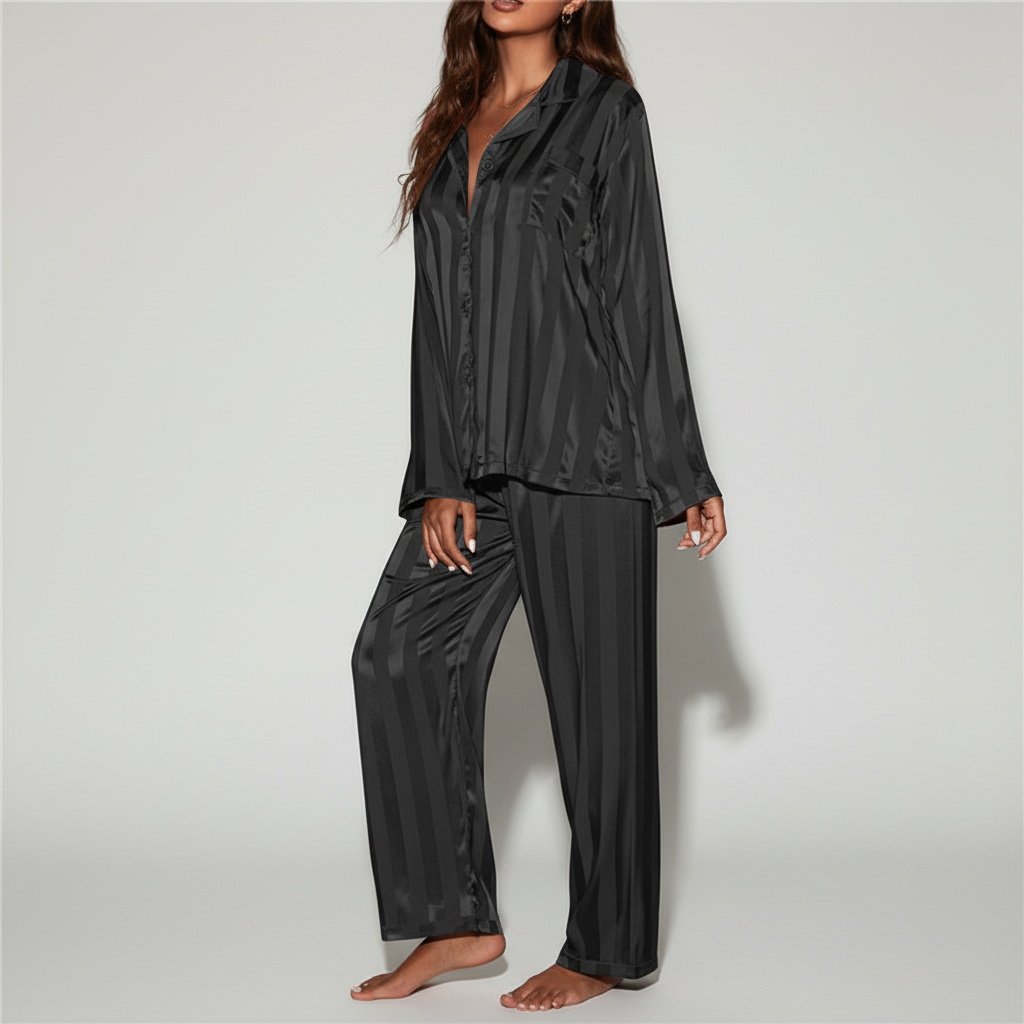 Silky pajama set for women, soft and luxurious satin sleepwear, ideal for relaxation.