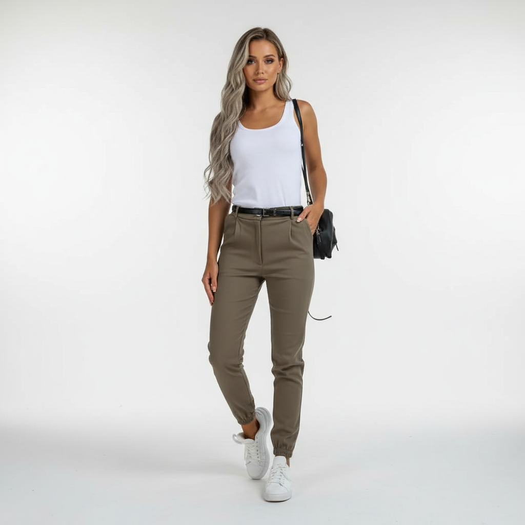Brigitte slim fit women's trousers on a hanger, emphasizing their ready-to-wear, easy-care design and stretch.