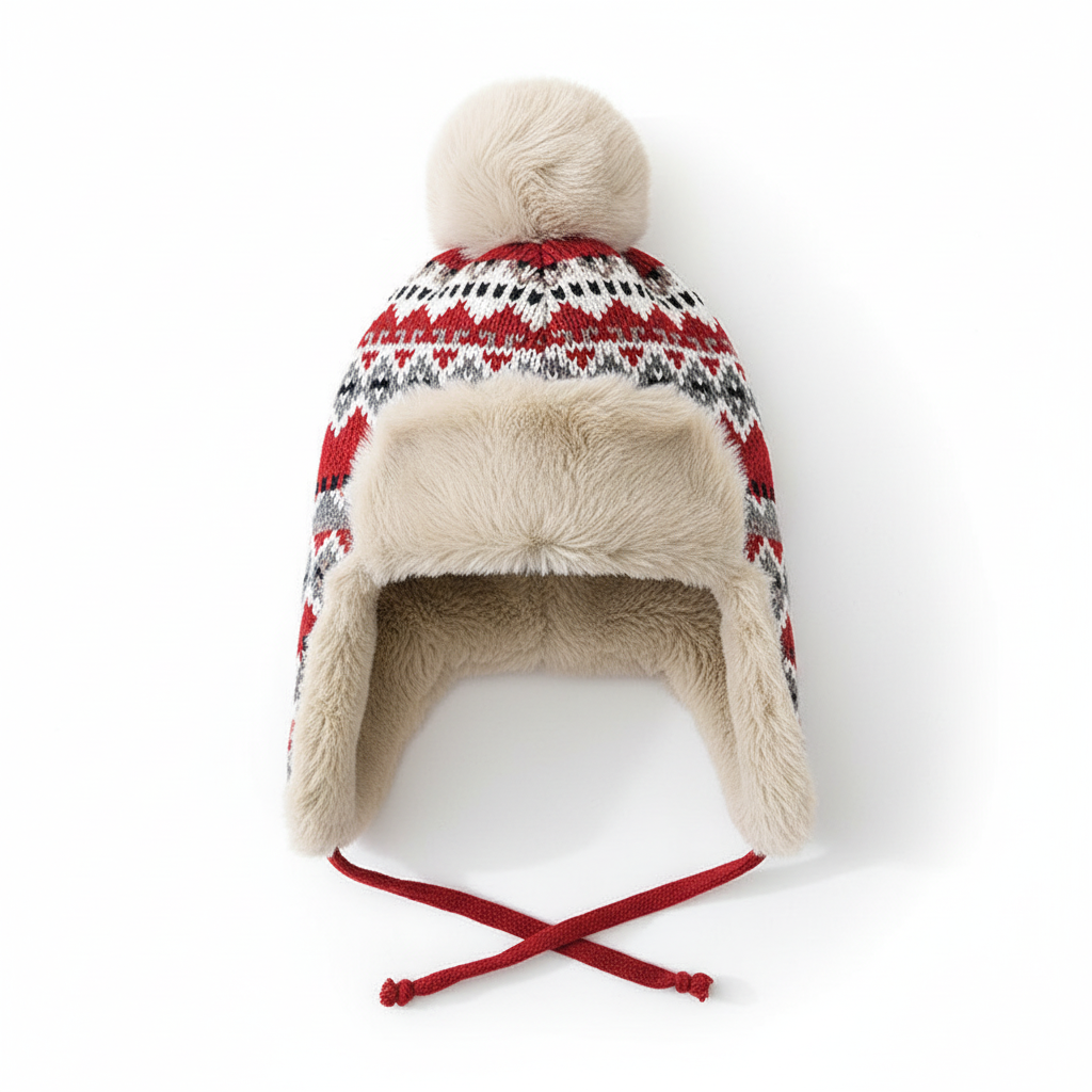 Texture shot of SnugHat cotton polyester blend women's beanie, highlighting its soft, warm lining and ear flaps