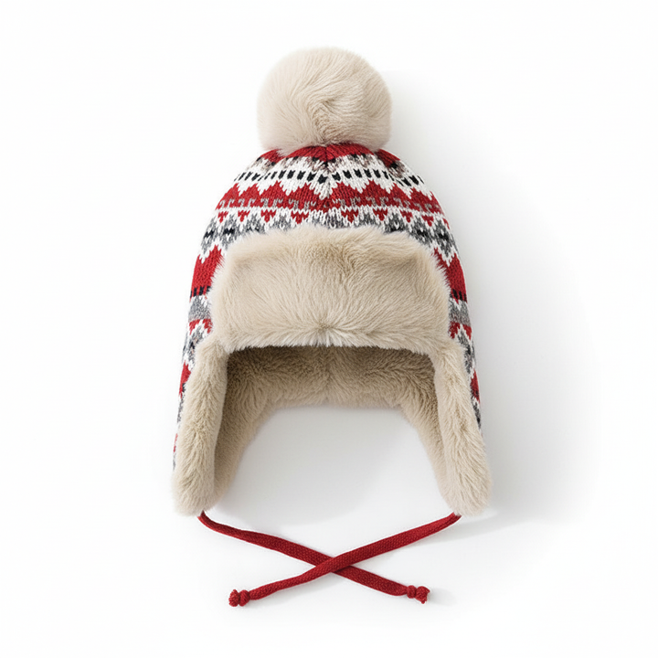 Texture shot of SnugHat cotton polyester blend women's beanie, highlighting its soft, warm lining and ear flaps